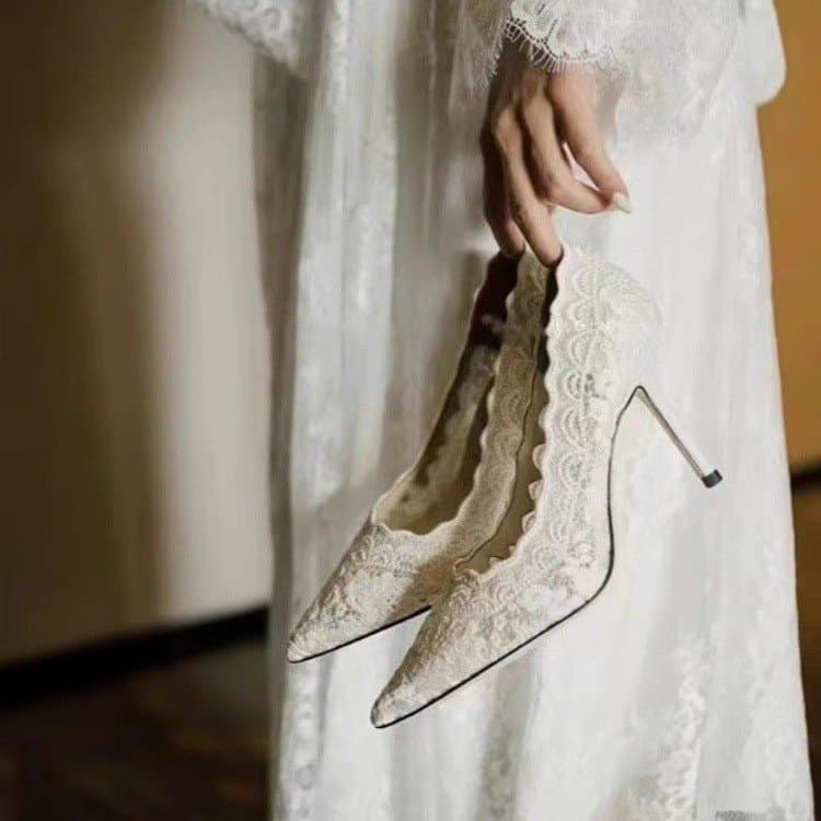 2025 Spring and Autumn Lace White Shoes Wedding Dress Bridal Shoes Women's Pointed Toe Stiletto Hollow Embroidery Mesh High Heels