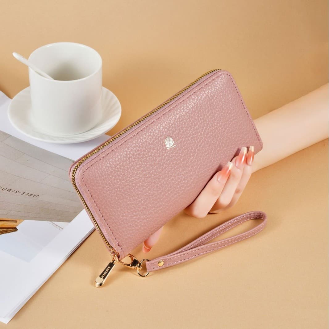 Long wallet for women with litchi pattern solid color fashionable simple large capacity single layer zipper multi-card slot clutch wallet