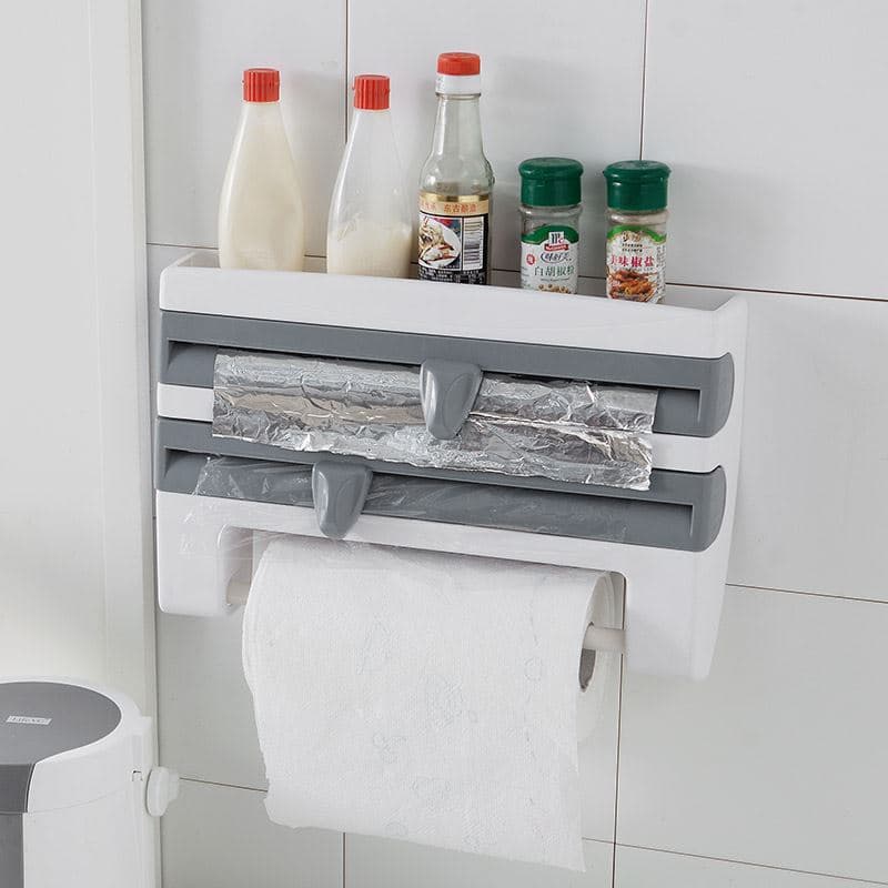 Kitchen Storage Rack with Cutter Aluminum Foil BBQ Paper Towel Holder Plastic Wrap Holder Towel Storage Shelf European Style