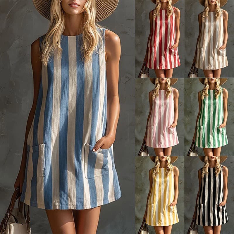 European and American Amazon Fashion Retro Blue and White Striped Sleeveless Round Neck Cotton and Linen Mini Dress