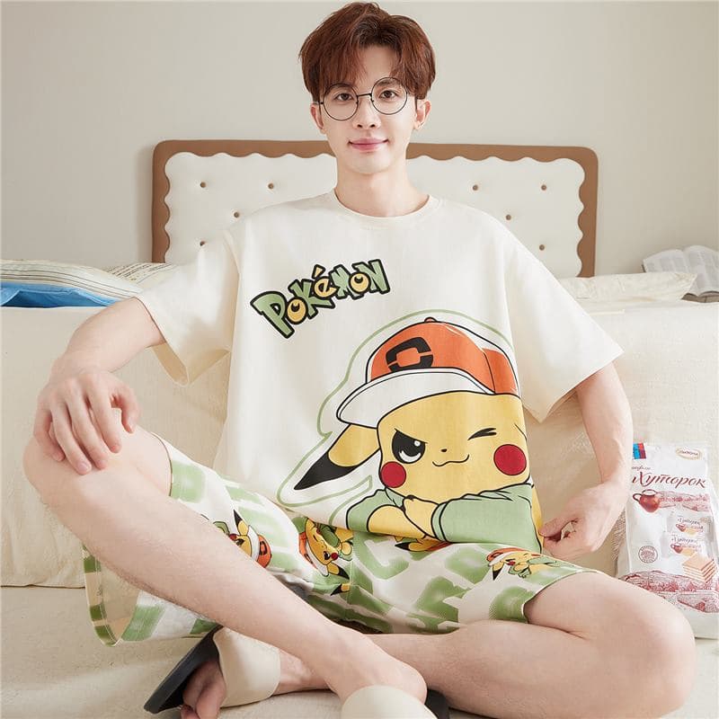 Cotton Pajamas for Men, Summer Short Sleeve Thin Style, Youth Plus Size, Wearable Outside Home Suit Set