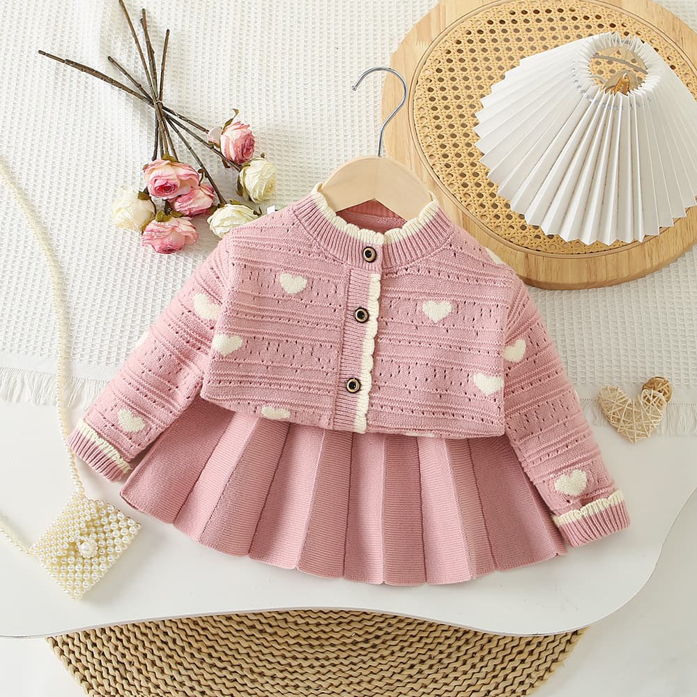Children's Sweater Dress Set with Large Bow and Polka Dots, New Fall/Winter Knit Two-Piece Set for Baby Girls, Long Sleeve, Stylish