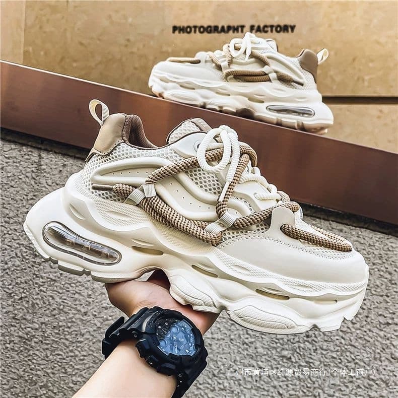 Men's Summer Trendy Casual Running Sports Shoes with Air Cushion Thick Sole Height Increase White Dad Sneakers
