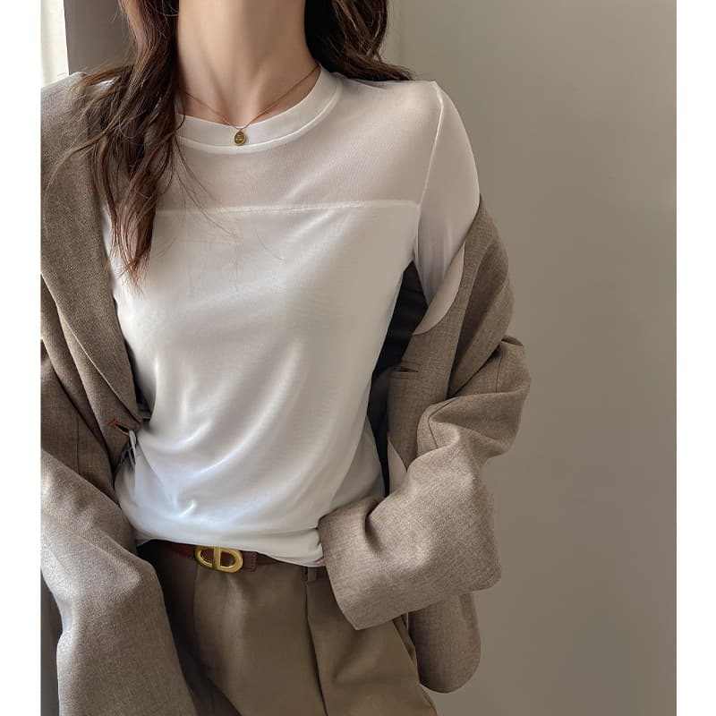 2025 New Autumn/Winter Round Neck Mesh Panel Base Layer Women's Inner Layer High-End Long-Sleeve Slim Fit Design Top
