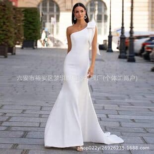 European and American One-Shoulder Bow Mermaid Dress Slim Fit Train Light Wedding Dress Evening Banquet Wedding Toast Adult Ceremony Long Style
