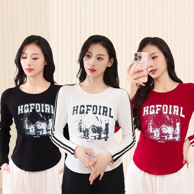 Autumn and winter square dance long-sleeve top, ribbed cotton women's dancewear, sportswear, fitness casual wear, printed T-shirt.