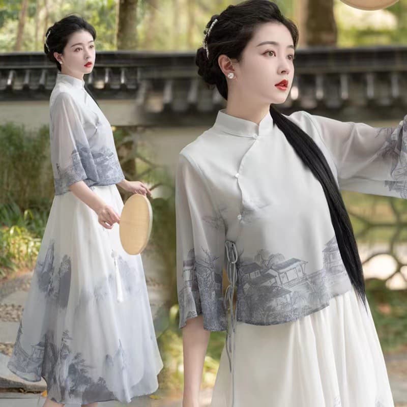 New Chinese Style Republic of China Improved Cheongsam Dress Chinese Style Super Fairy Zen Tea Ceremony Clothing Set Summer