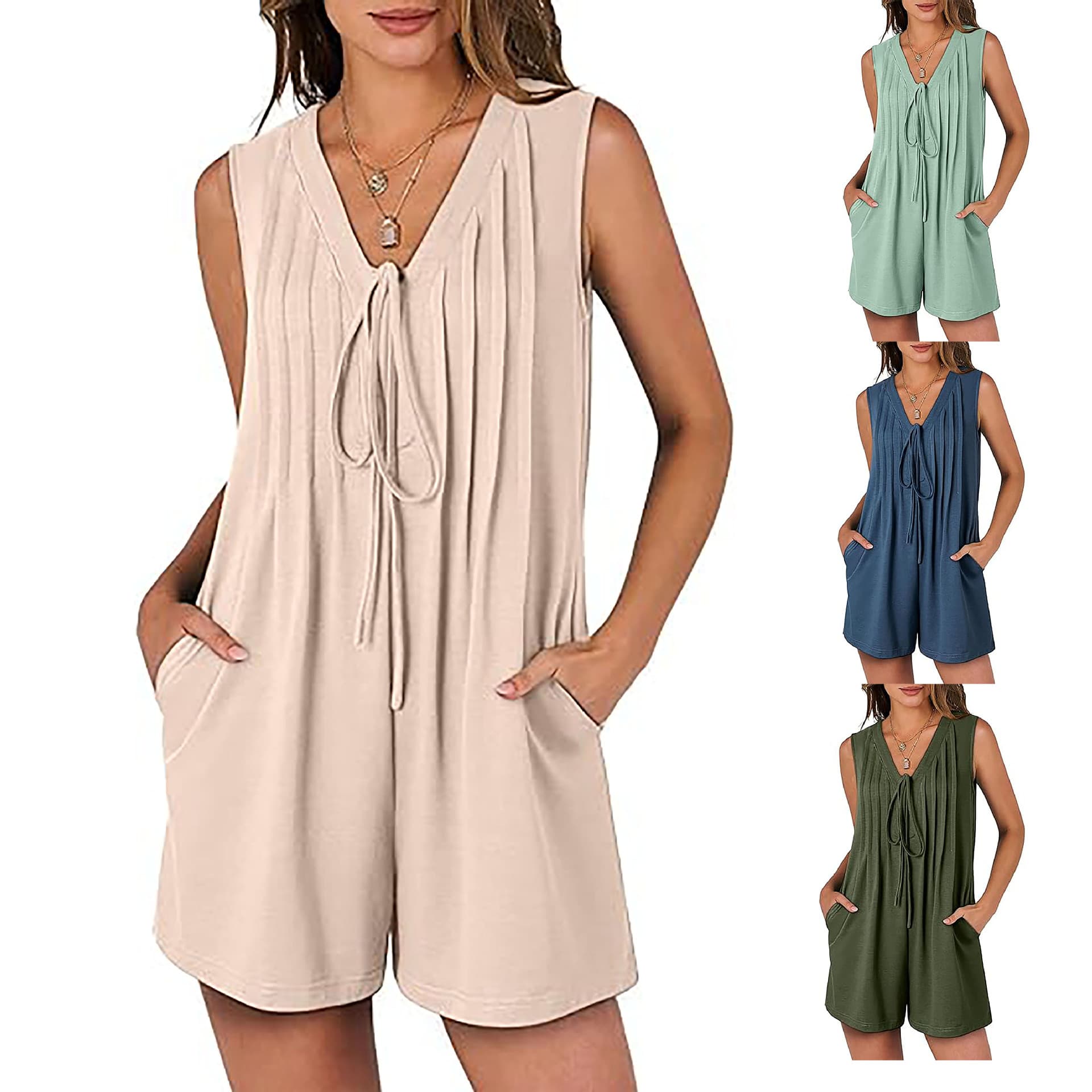 2025 Amazon Cross-border Jumpsuit Summer Loose Sleeveless Pleated Front Tie V-Neck Short Romper with Pockets