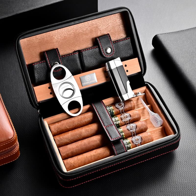 Portable Cigar Case with Cigar Cutter, Windproof Lighter, Four-Cigar Set, Cedar Wood Cigar Humidor
