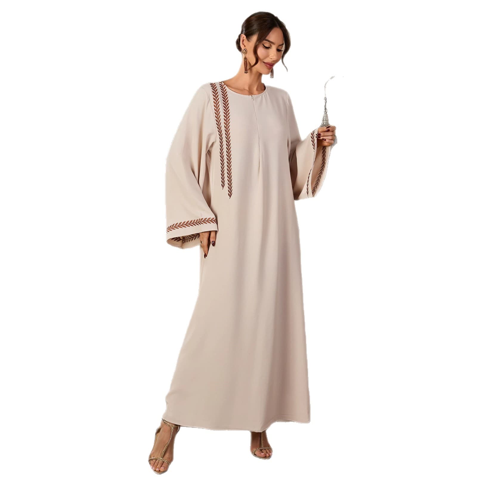 Cross-border Amazon Elegant Embroidered Dress Round Neck Fashionable Ethnic Style Long Skirt Cover-up