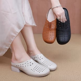Top Layer Cowhide Half-Wrap Slippers Mid Heel Soft Sole Non-slip Middle-aged Mother Shoes Comfortable Breathable Women's Shoes