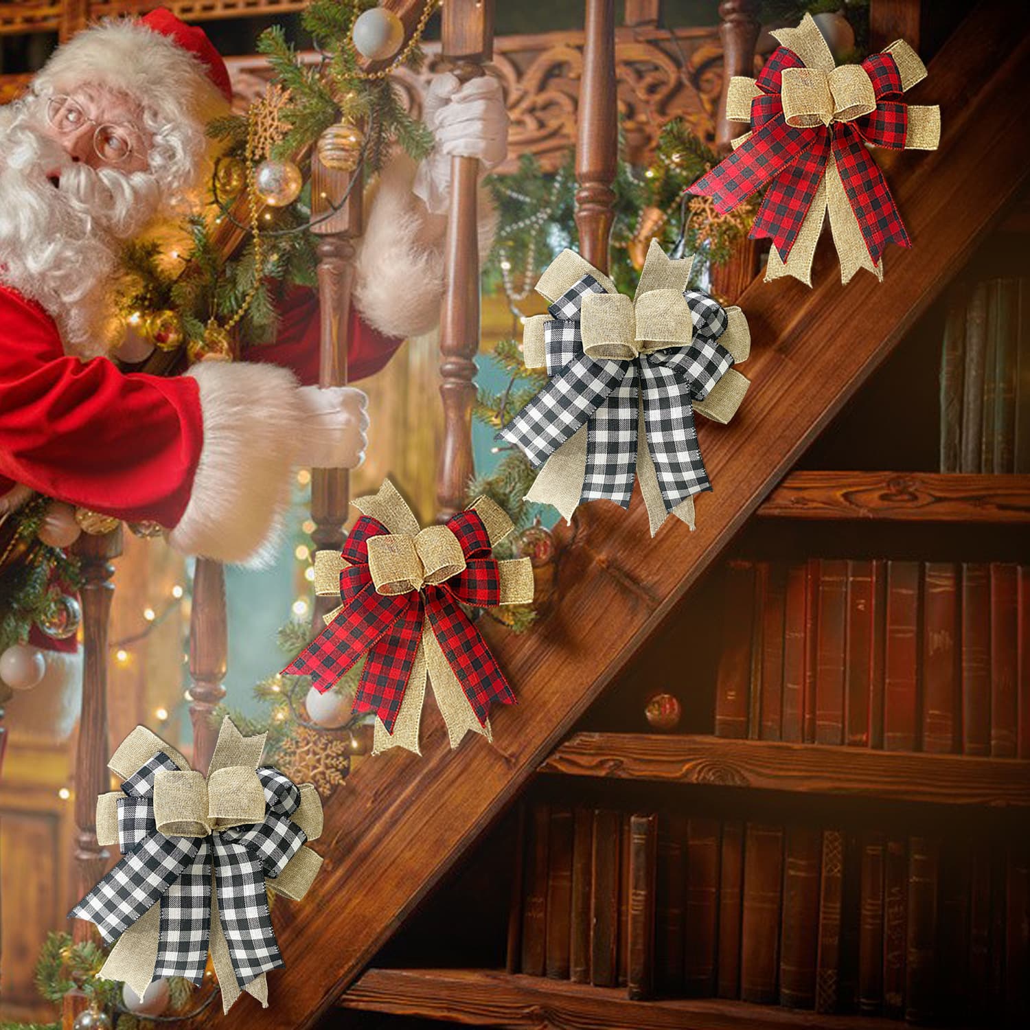Haobei's new Christmas bow plaid Christmas ribbon manufacturer imitation linen black and white red and black plaid handmade bow