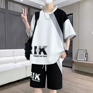Summer Short Sleeve T-Shirt Set for Men, Stylish Teenager Patchwork Loose Fit Plus Size Student Half Sleeve and Shorts Two-Piece Set