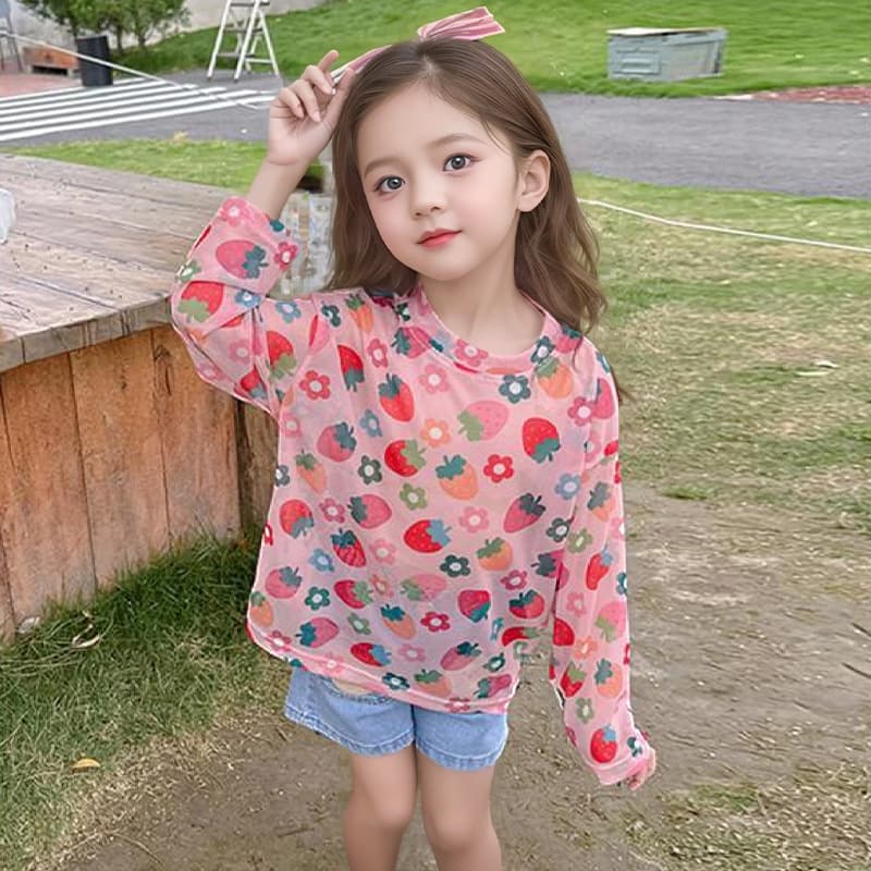 Girls Summer Sun Protection Base Layer Kids Mesh Printed T-Shirt Baby Stretch Mesh Ice Silk Long Sleeve Skin Coat