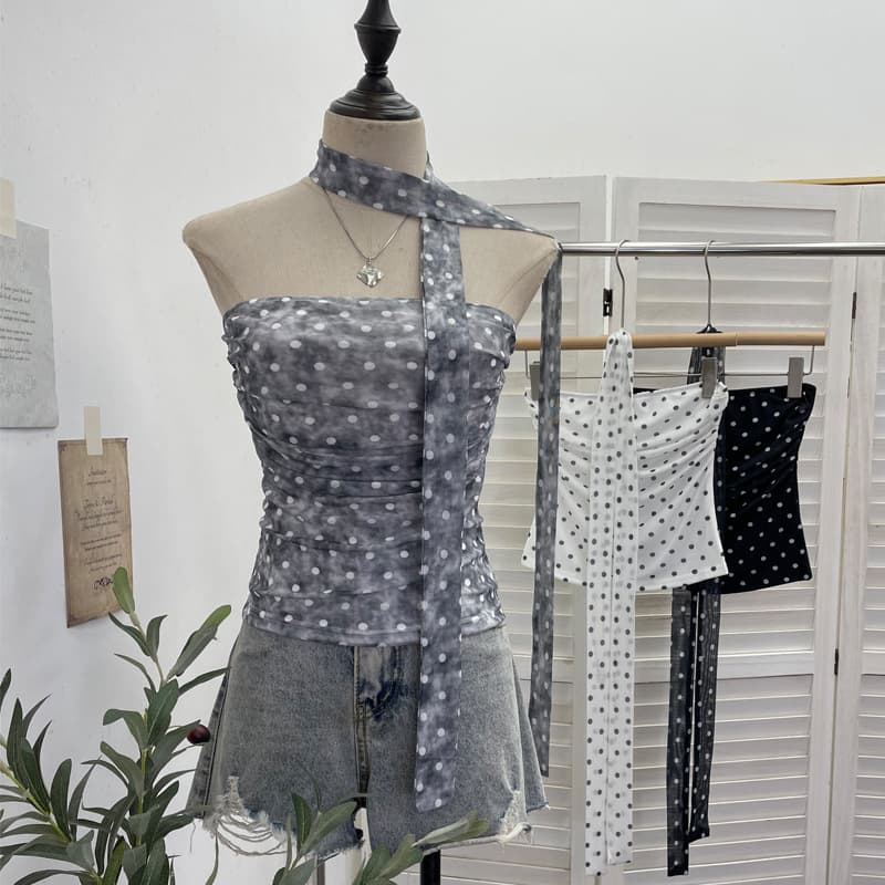 Actual Photo Sexy Polka Dot Mesh Tube Top Strap Shoulderless Sleeveless Crop Top for Women 1597