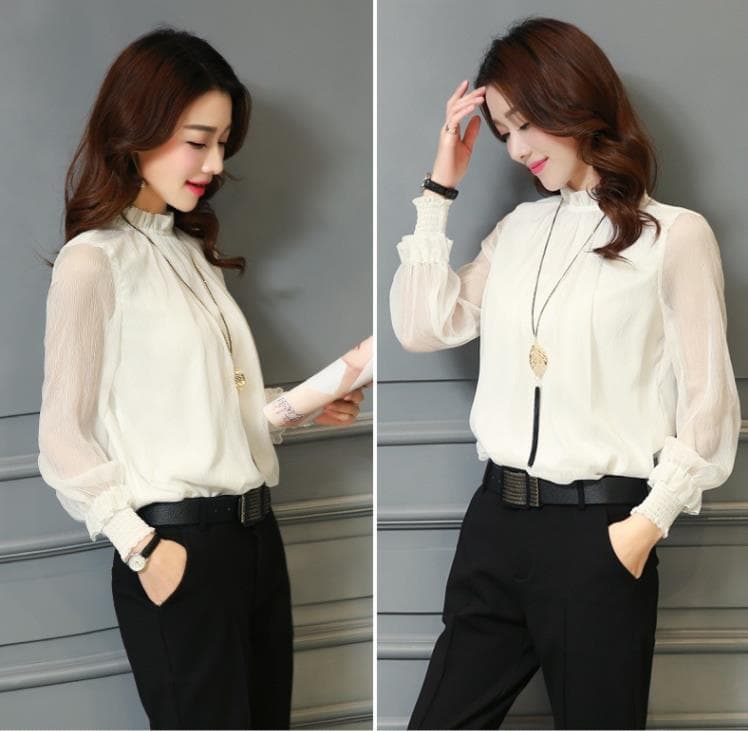 Spring New Chiffon Blouse Small Stand Collar Sexy Plus Size Versatile Fashion Mesh Flounce Hem Base Layer Top