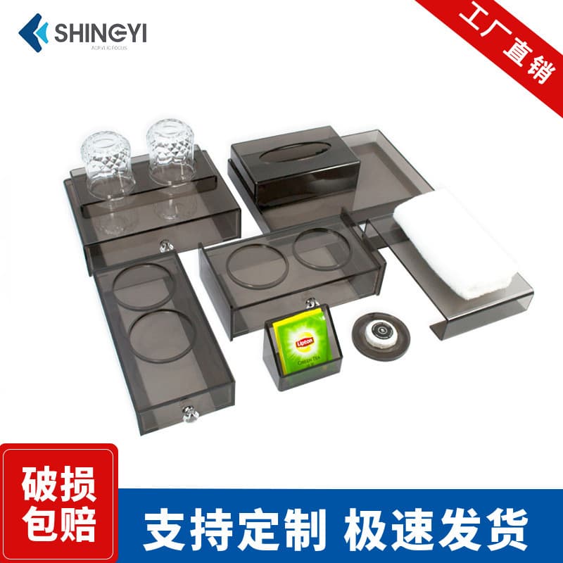 Hotel Amenities Acrylic Toothbrush Toiletry Tissue Box Drawer Tray Tea Bag Remote Control Water Dispenser Rack Set