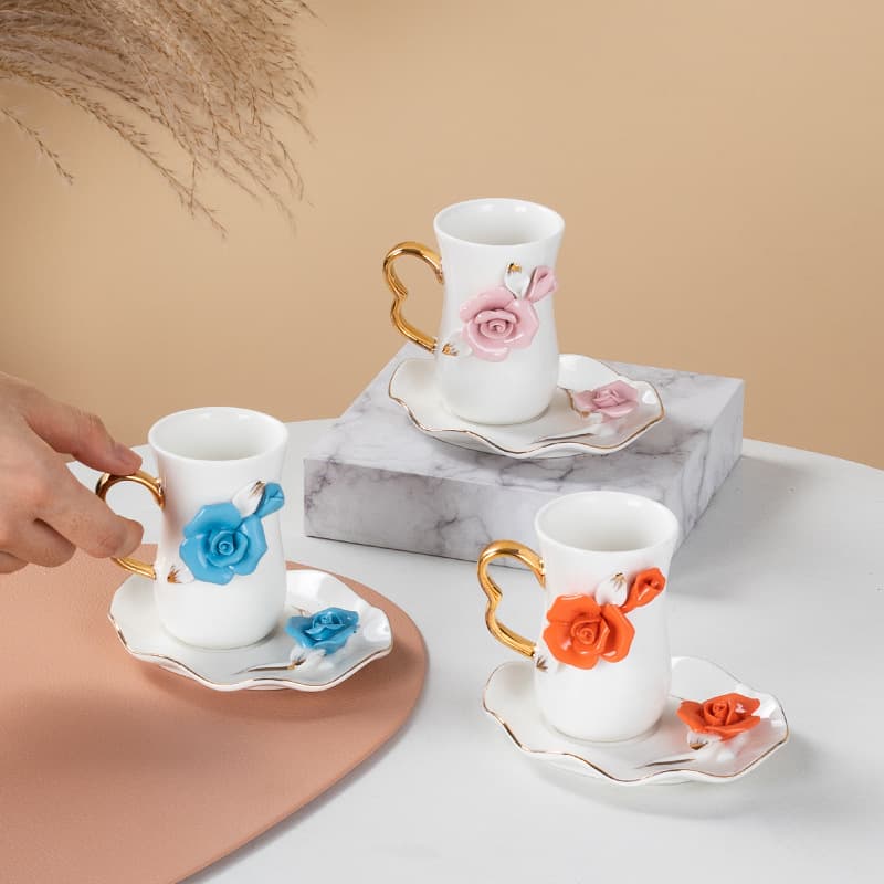 Rose Ceramic Coffee Cup and Saucer Creative Ceramic Coffee Cup Rose Flower Coffee Cup High-Appearance Ceramic Mug