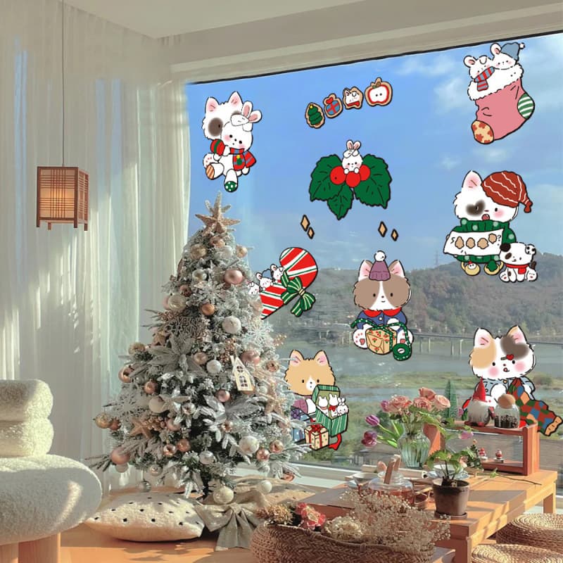 2026 New Year Christmas Decor Shop Glass Door Sticker New Year Cartoon Static Window Cling Snowflake Decor Sticker