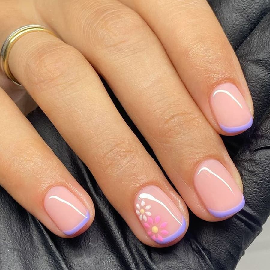 Simple Short Square Wearable Nails, Light Purple Elegant French Pink Flower, Cross-Border Hot Selling Fake Nails Nail Art Pieces