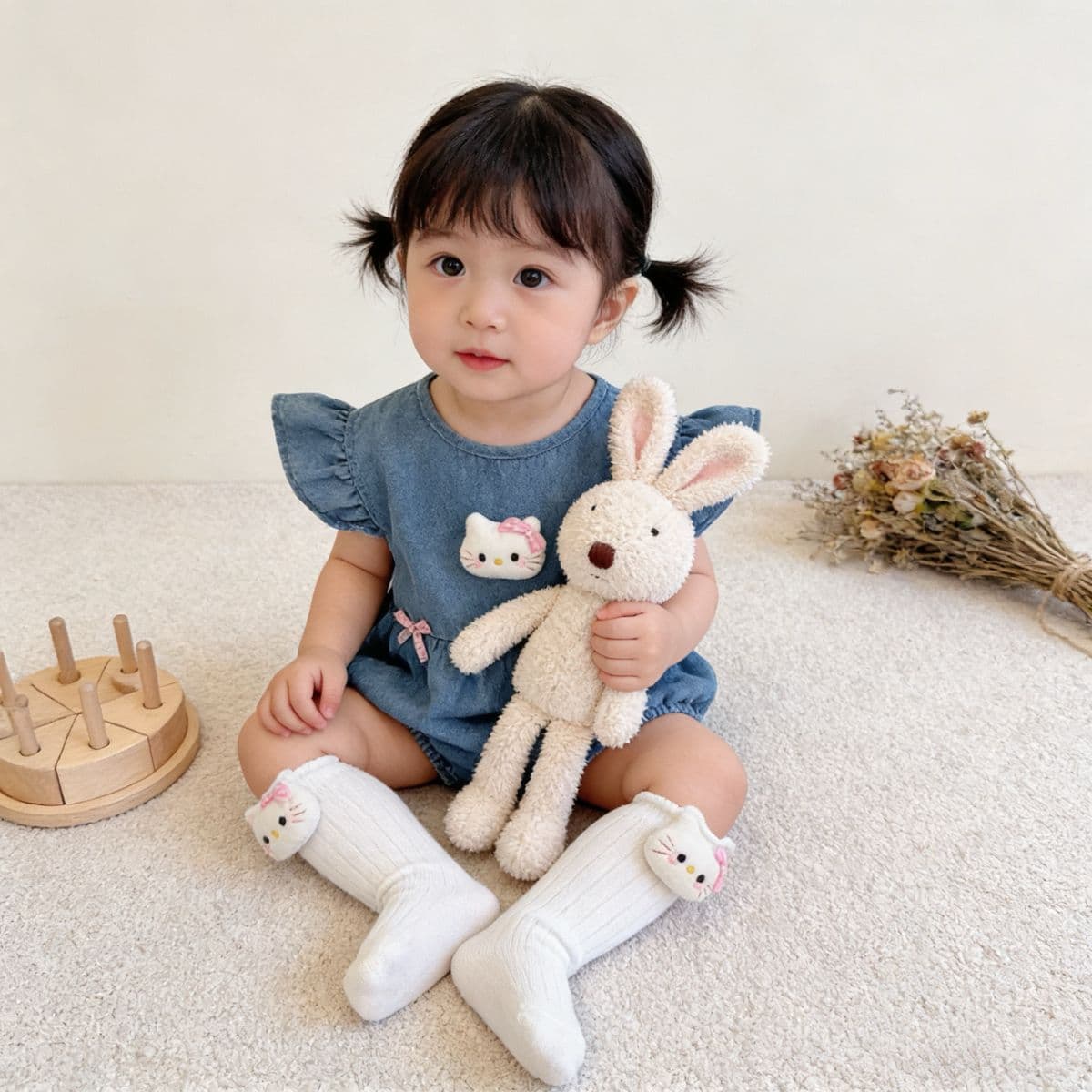 Summer new baby girl soft denim bag fart clothing three-dimensional cute cat flying sleeves ruffled denim blue jumpsuit