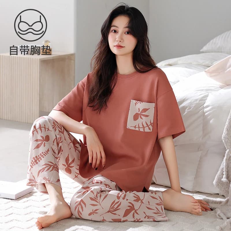 Women's Summer Loungewear Short Sleeve Pajama Set with Built-in Bra Cups, Simple and Relaxed Style with Pockets