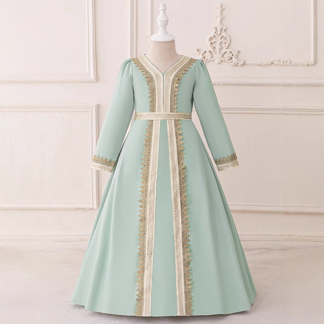 Factory Direct Export MSL Evening Gown Long Sleeve White Puffy Dress Green Robe Embroidered Princess Long Skirt