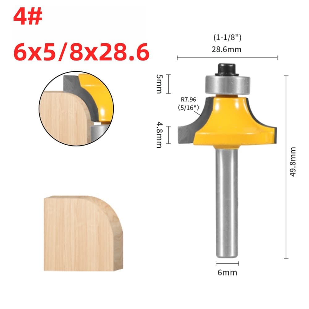 Round Corner Router Bit Set 4-Piece Woodworking Milling Cutter Chamfer Trimming Bit Tungsten Carbide Alloy R-Edge Trimming Straight Bit Woodworking Tools