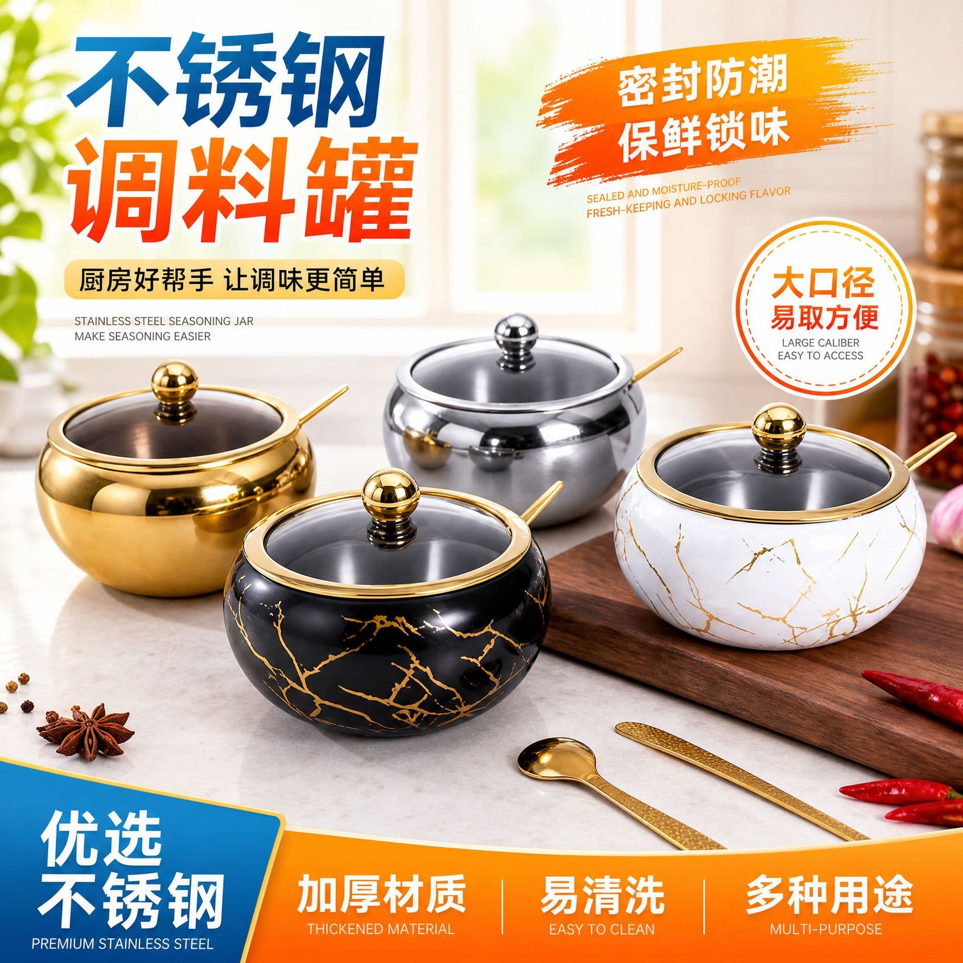 Simple Stainless Steel Spice Jar Sealed Jar Kitchen Storage Jar Set Large Capacity Storage Jar for Grains and Cereals