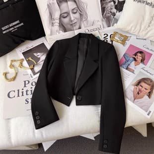 Short Cropped Black Blazer for Women Spring Fall 2025 New British Style Elegant Suit Jacket Trendy