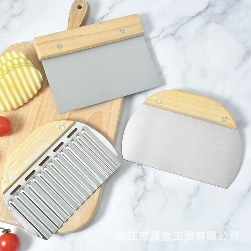Wooden Handle Dough Cutter with Scale, Stainless Steel Rice Noodle Scraper, Nougat Knife, Graduated Dough Slicer
