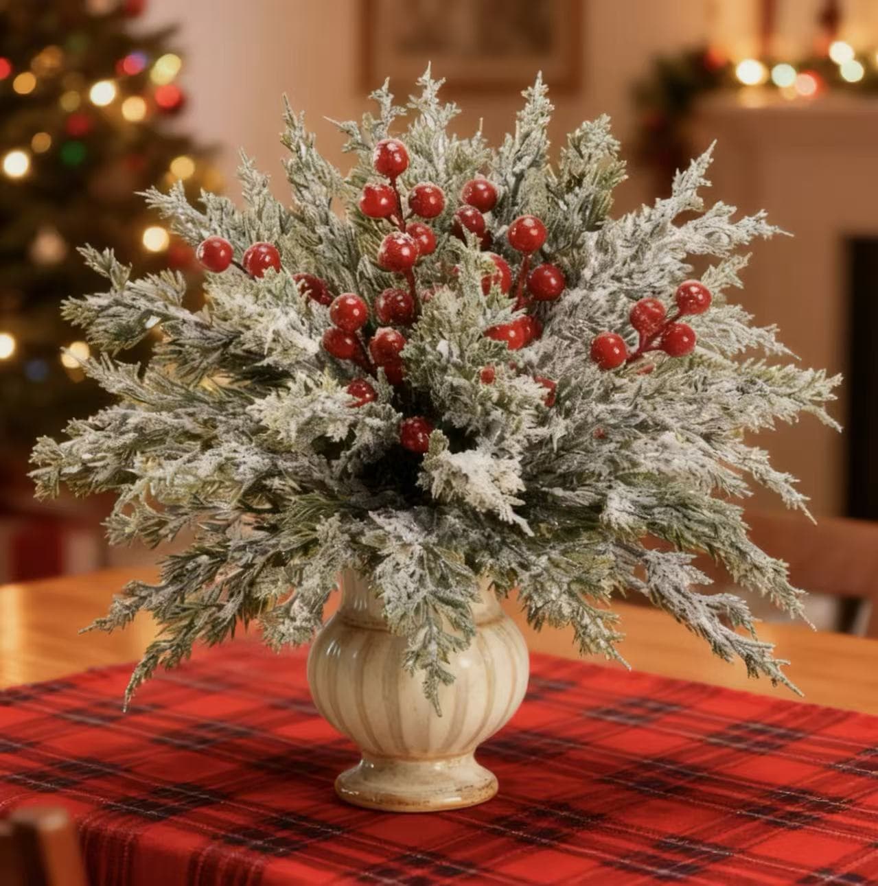 Christmas Simulated Green Plants, Pine Branch with Red Berry Plant Arrangements, Home Dining Table Flower Arrangement Decor