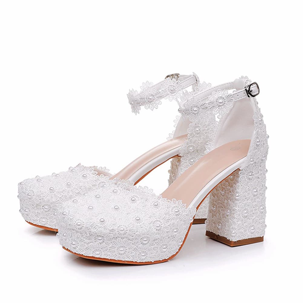 9cm White Round Toe Chunky Heel Flats Hollow Toe White Lace High Heel Women's Shoes Platform Sandals Wedding Shoes