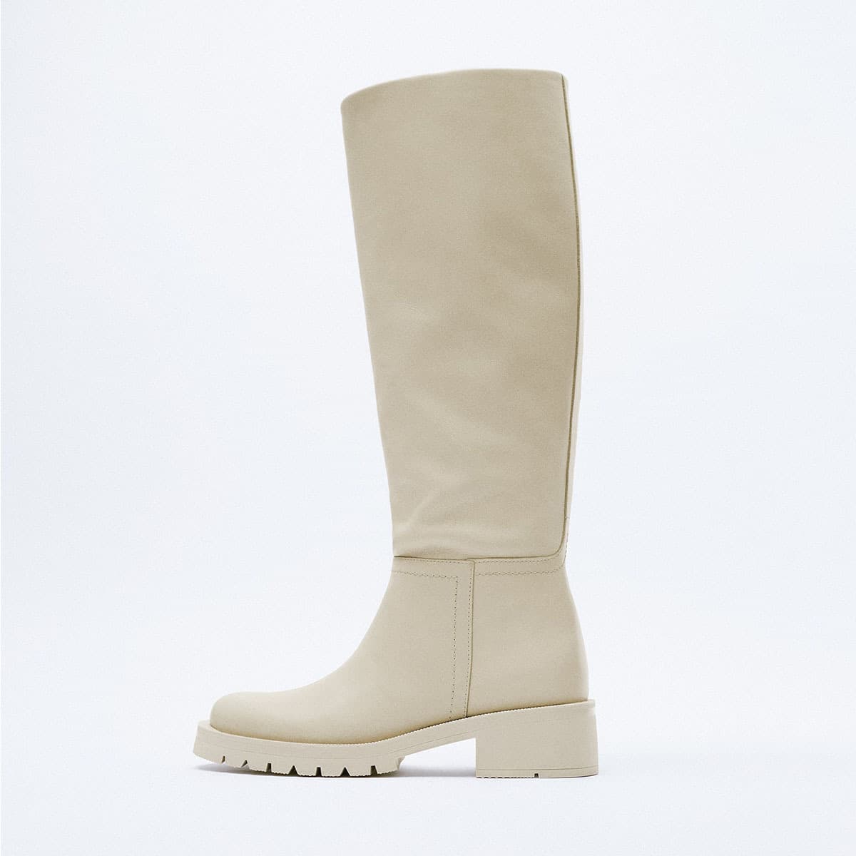 British-Style Off-White Leather Riding Boots with Round Toe, Mid-Heel, Long Shaft, European and American Large Size Women's Boots