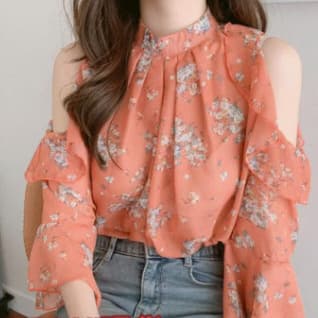 French Floral Print Blouse for Women Summer Design Sense Unique Cover Belly Off-Shoulder Fairy Chiffon Top Stylish Sweet Shirt