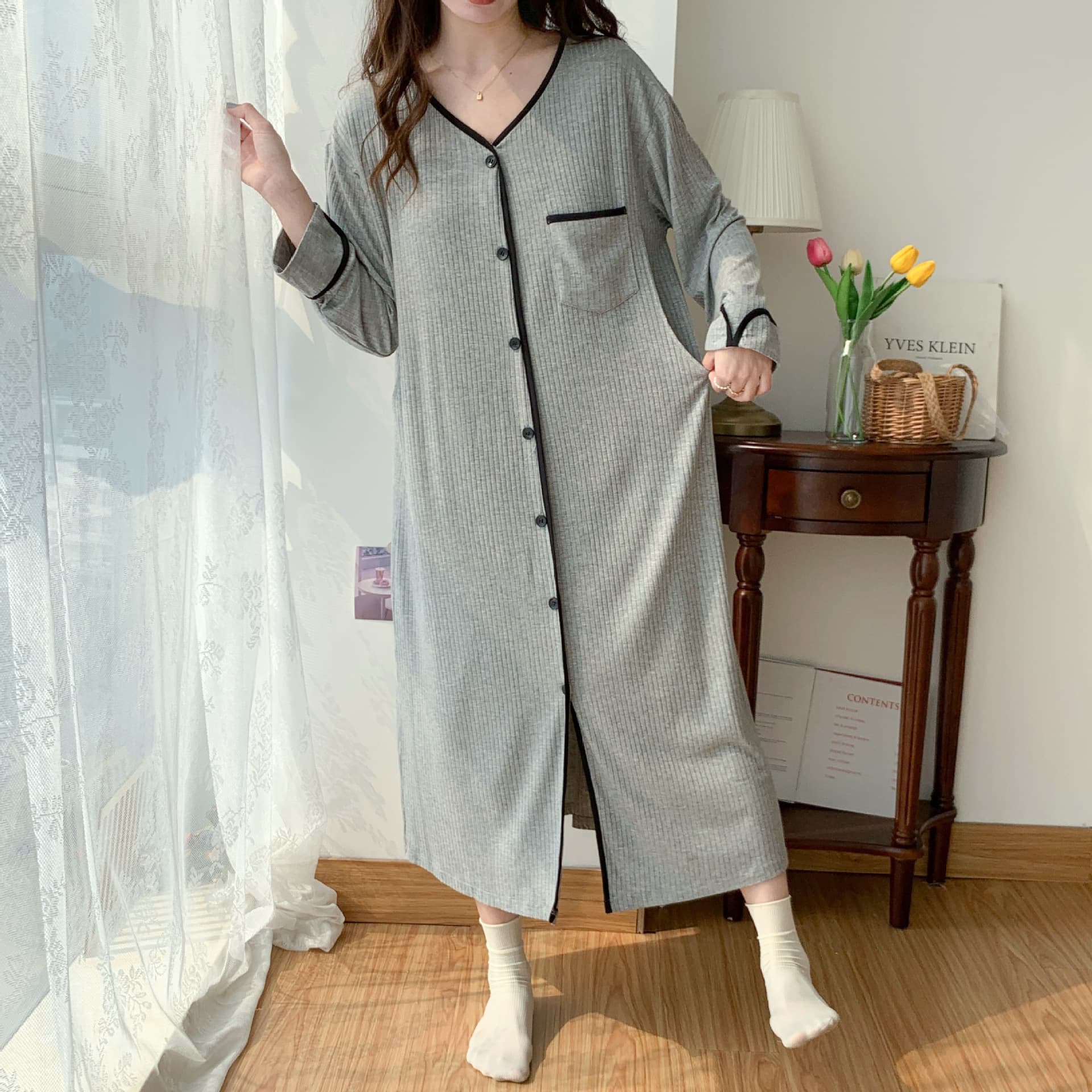 Spot [3218 with chest pad] Autumn/Winter Modal Maternity Pajamas, Postpartum Nursing Nightgown for Breastfeeding