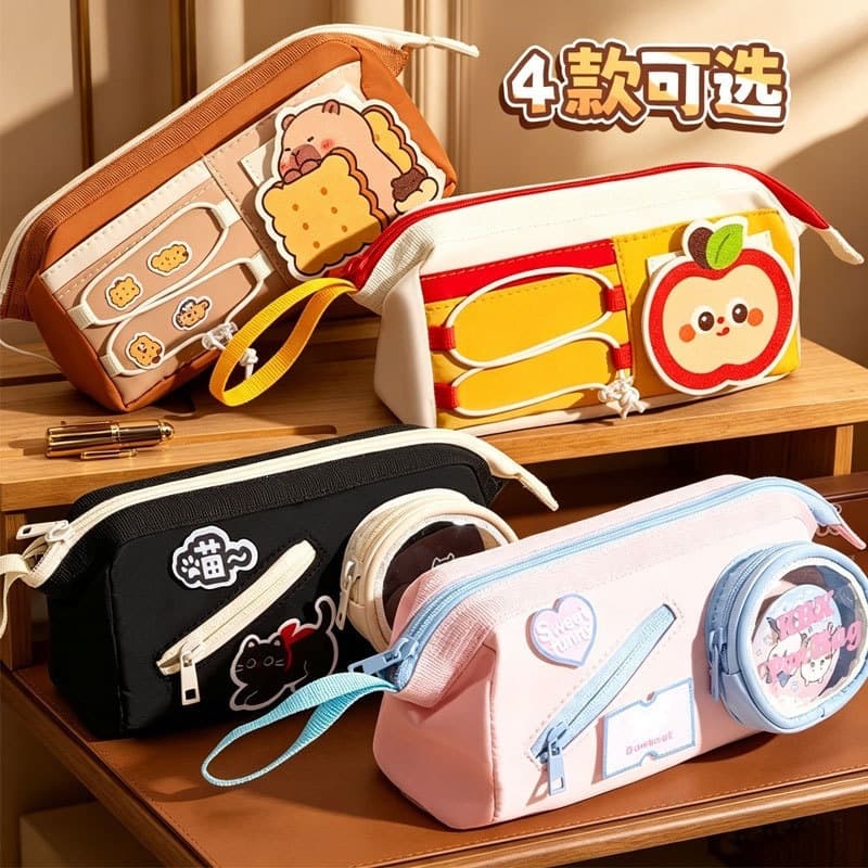 Cute drawstring pencil case, large capacity niche pencil case, junior high school girl's high-looking ins style childlike stationery bag