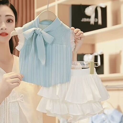 Girls Summer Suit 2025 New Style Baby Girl Fashionable Knitted Vest Fashionable Cake Skirt Casual Two-piece Trendy Set
