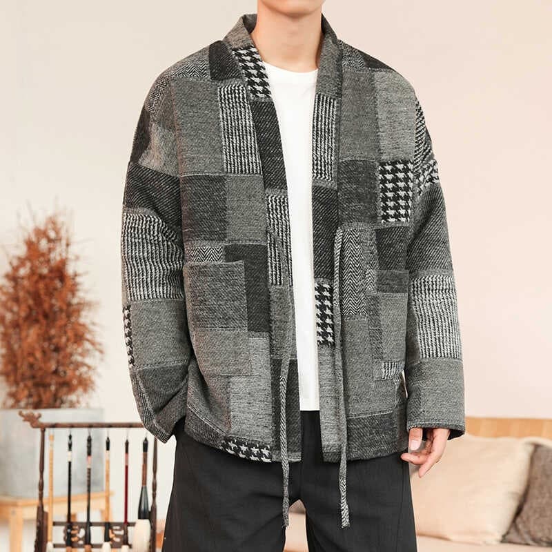 2024 Autumn/Winter New Men's Woolen Retro Jacket Plaid Patchwork Taoist Robe Brushed Cardigan Jacket Trendy New Chinese Style