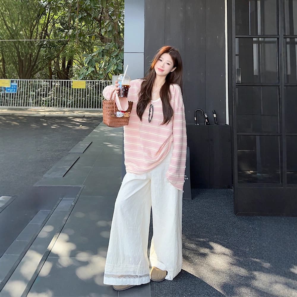 Southeast Asia Export Korean-style Loose Stripe Design Long-sleeve T-shirt for Women Spring Casual Top