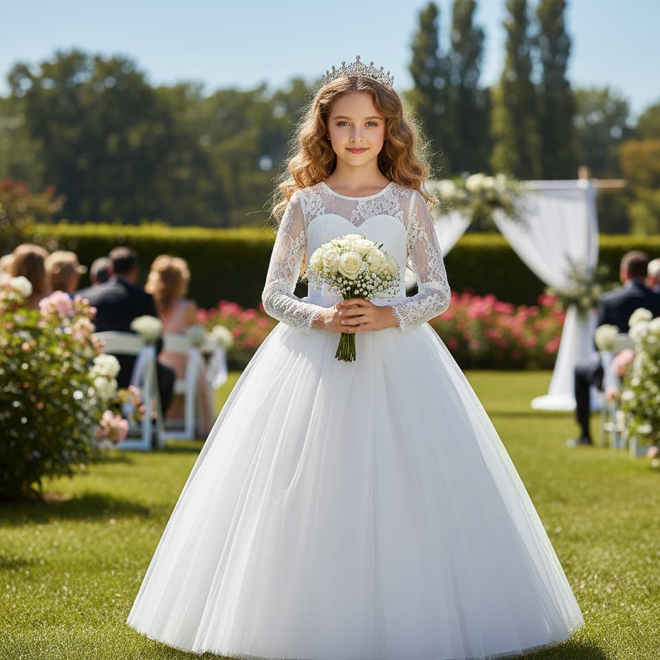 kids dress European and American children's lace long-sleeved dress children's dress flower girl wedding dress
