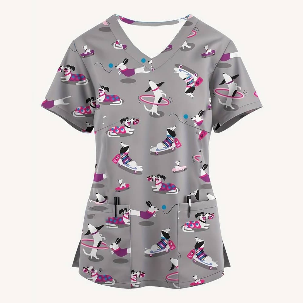 2026 Cross-border Trade 3D V-neck Cute Animal Pattern Comfortable Casual Caregiver Workwear Uniform