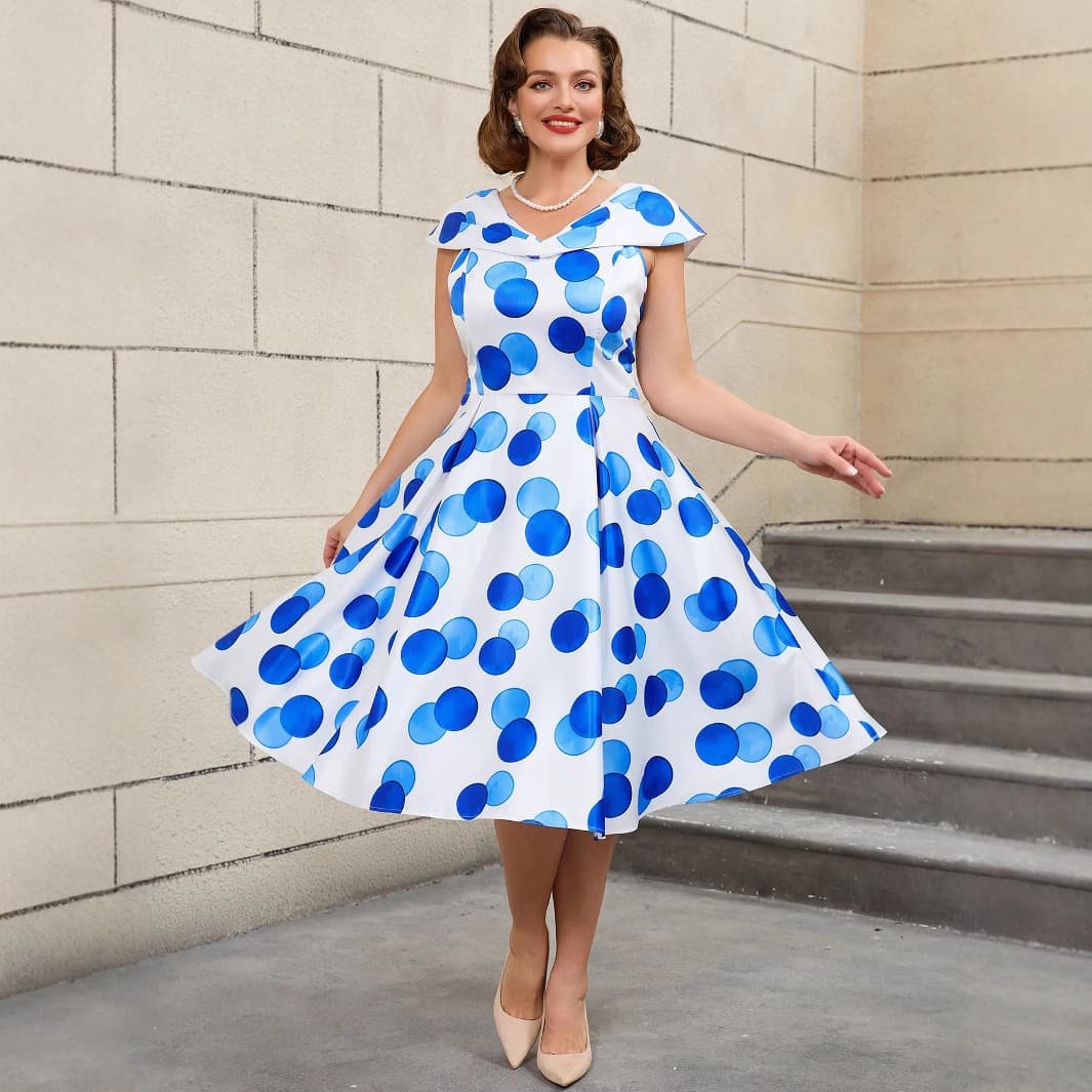 Plus Size Vintage Wedding Dress with Digital Printed Satin, Polka Dot V-Neck A-Line Blue Dress for Commute
