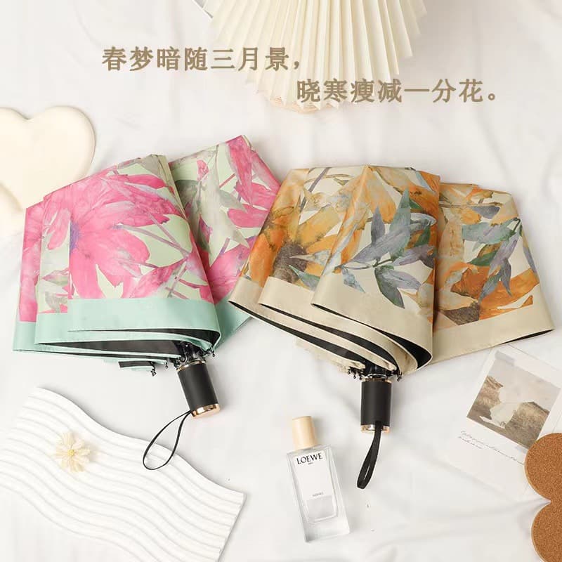 French-style yellow floral print umbrella, portable black coating sun umbrella, dual-use for sun and rain with UV protection