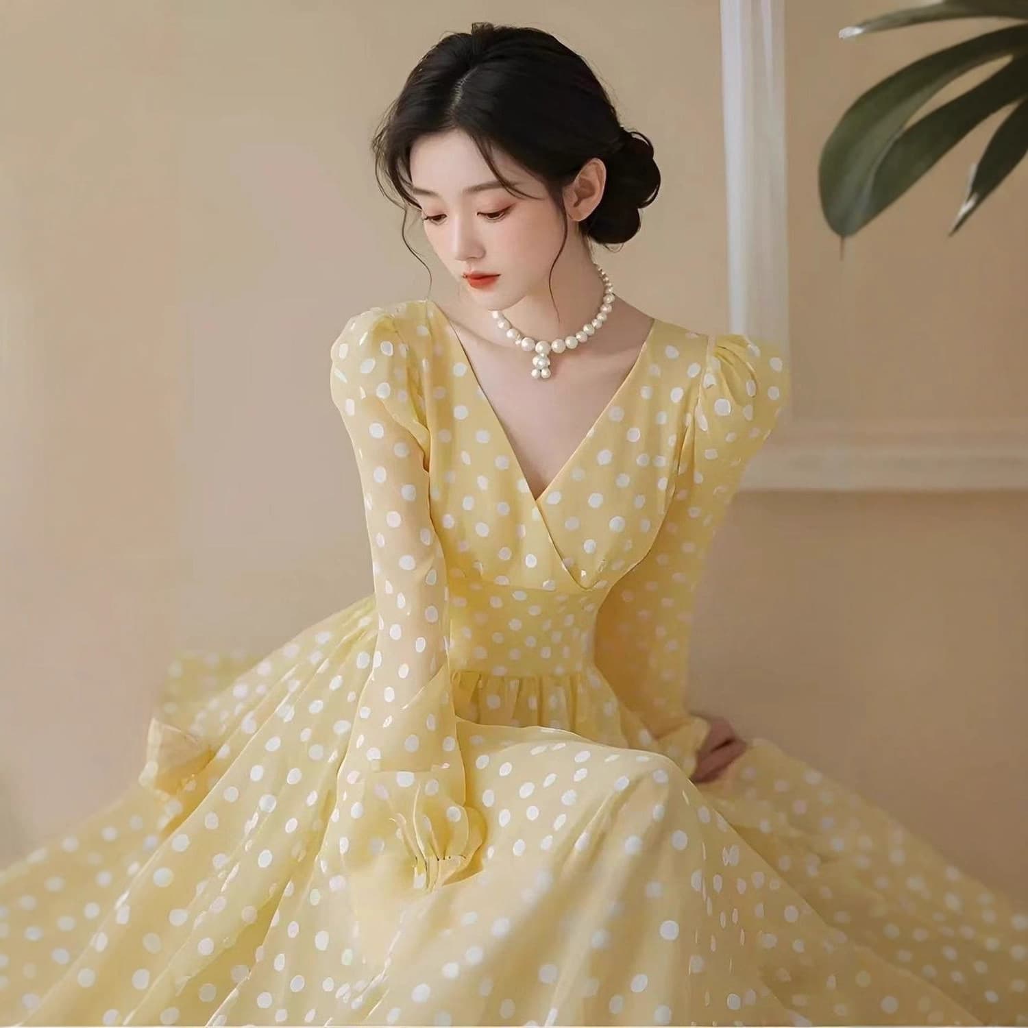 French Yellow Polka Dot Chiffon Dress 2025 New Women Early Autumn High-End Elegant Beautiful Long Dress