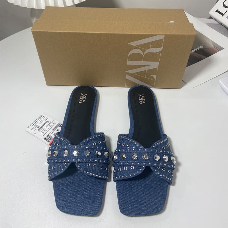 ZA New 2023 Square Toe Open Toe Denim Rhinestone Rivets Flat Slippers Outer Wear Casual Sandals Women