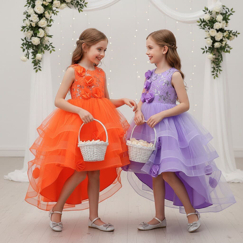 Children's Formal Dress Train Gown Performance Wear Sleeveless Floral Tutu Tulle Dress for Birthday Party