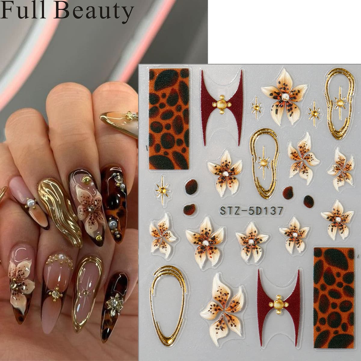 FULL BEAUTY Cross-border New Nail Stickers Embossed Maillard Color Series Floral Leopard Print Nail Art Stickers