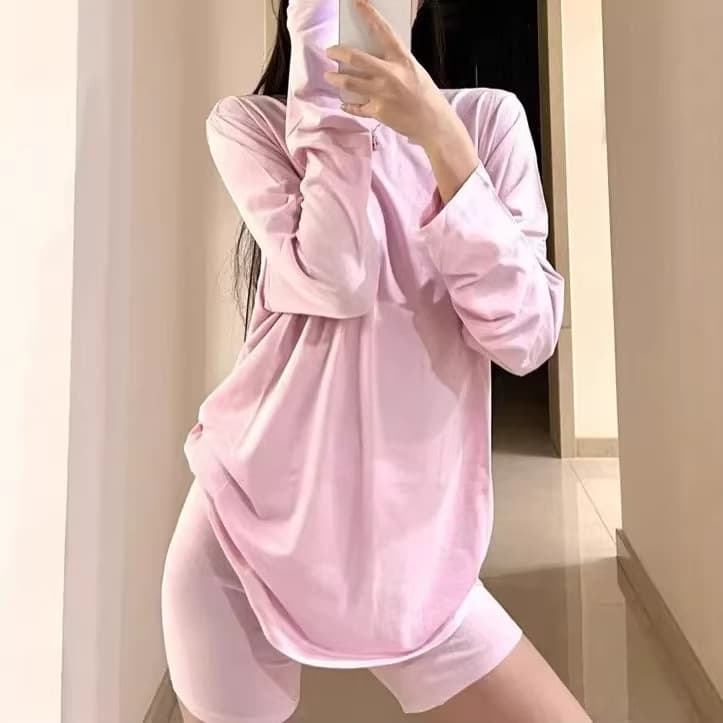 SKIMS New Modal Long Sleeve T-Shirt Women's Set Pink Casual Loungewear Comfortable Breathable Solid Color Top
