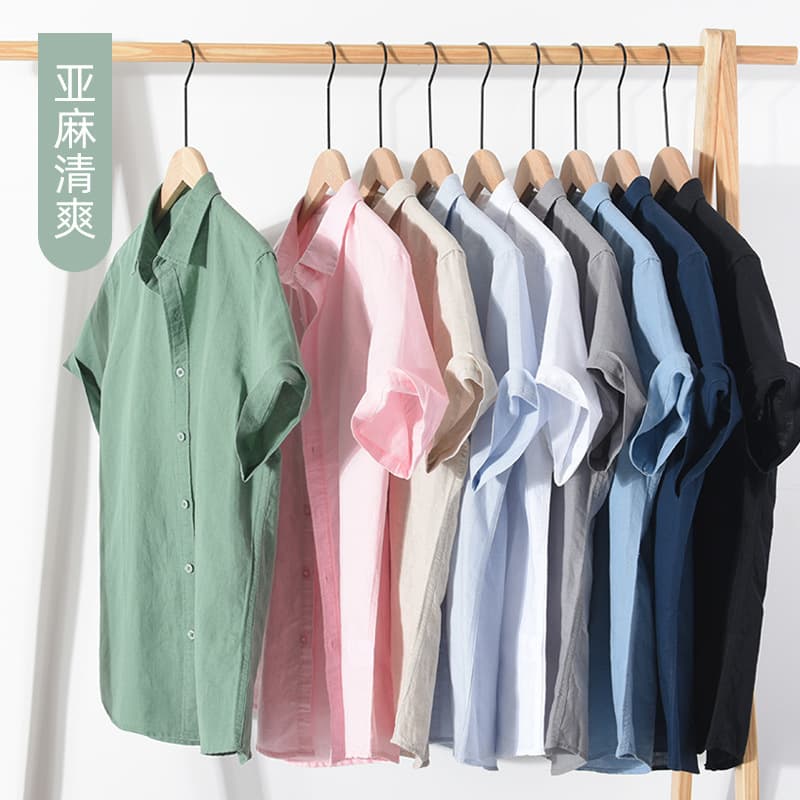 9048 Summer men's linen short-sleeved shirt men's square collar casual cotton and linen shirt linen solid color half-sleeved top